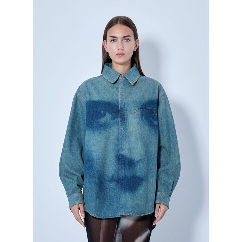 Jean Paul Gaultier Women Face Print Oversized Denim Shirt